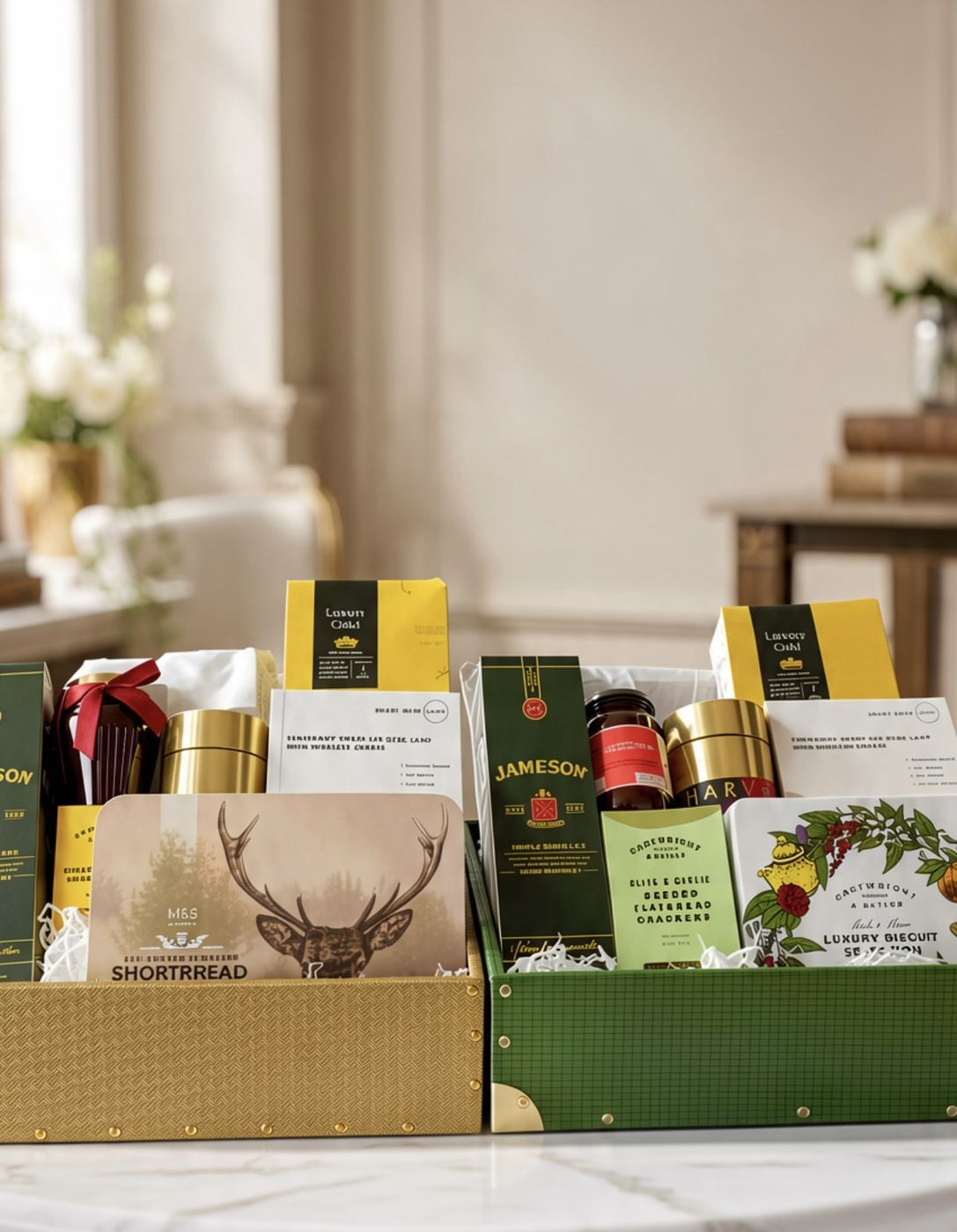 Two corporate gift hampers with branded packaging, whisky and gourmet treats